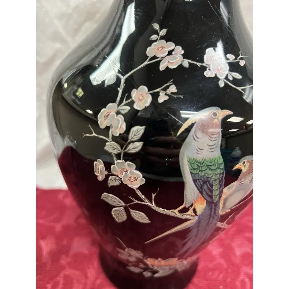Vintage Japan Black Vase Gold Trim Pheasant Bird Flowers Bud Vase 3.5 Inches1478